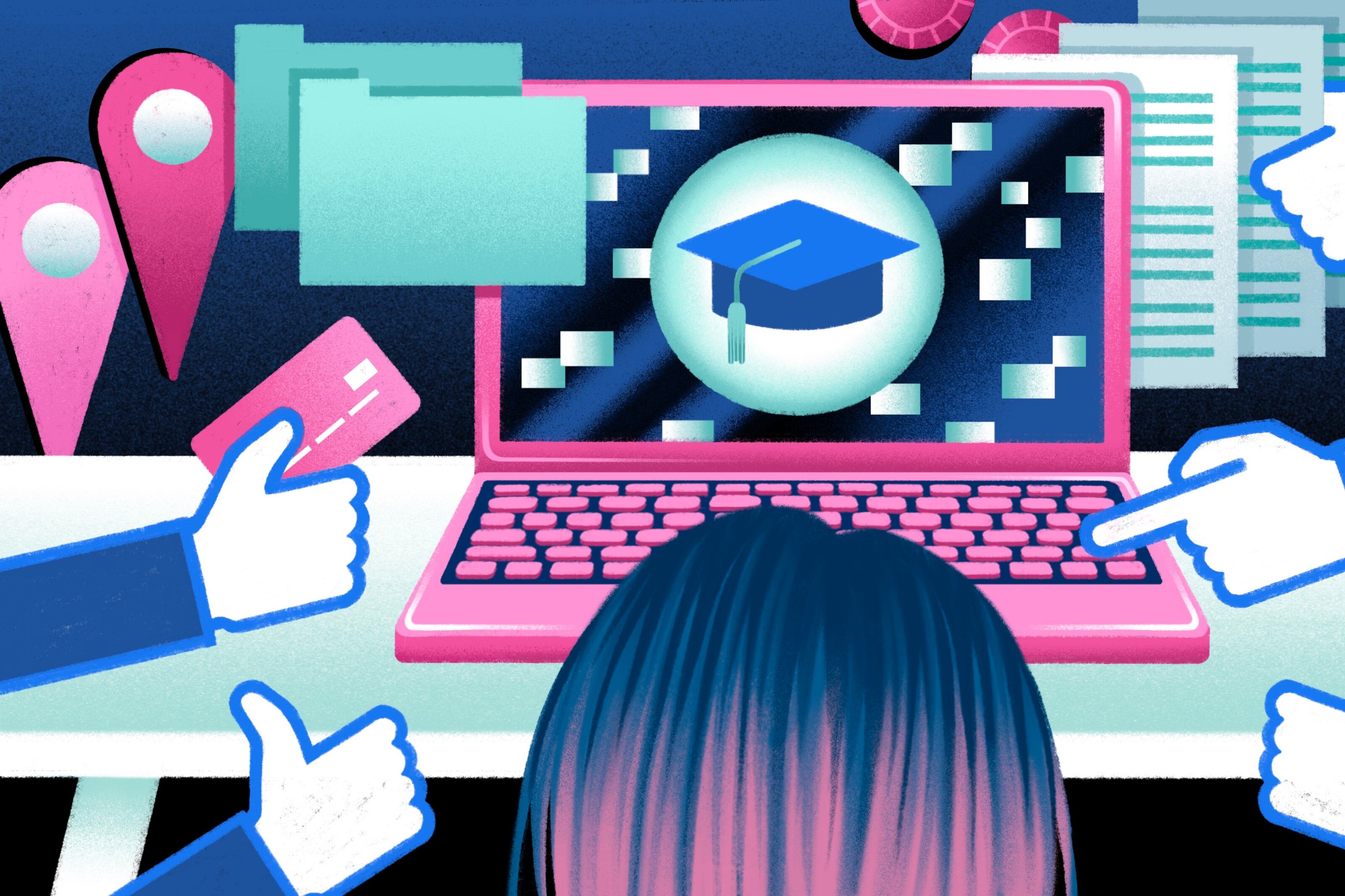 Illustration of the back of a student’s head looking at a laptop with a graduation cap on the screen. Various Facebook-like hands are grabbing information like credit cards, location pins and documents.