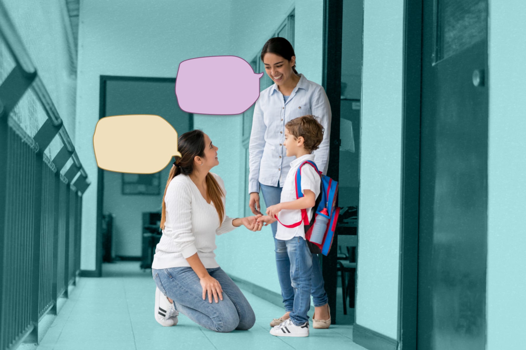 A mother picking up her child from school and talking to the teacher. A yellow speech bubble floating next to the mother, a purple speech bubble next to the teacher.