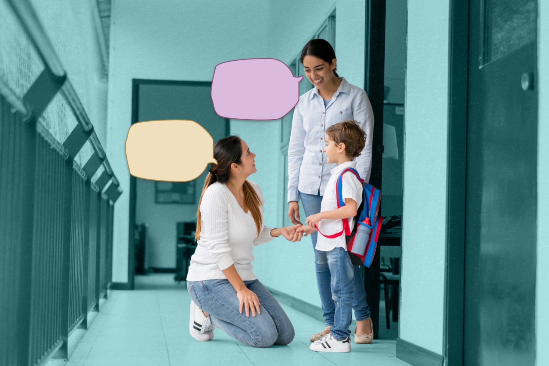 A mother picking up her child from school and talking to the teacher. A yellow speech bubble floating next to the mother, a purple speech bubble next to the teacher.
