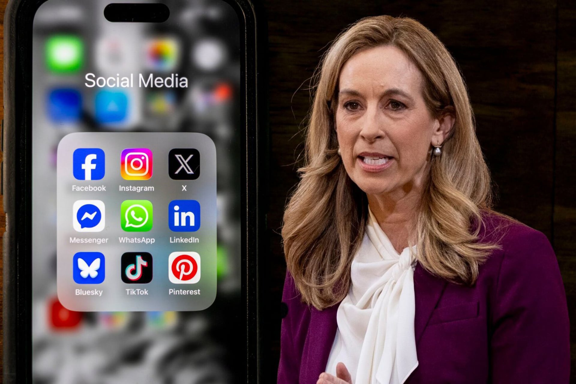 An illustration of a cellphone next to a white woman with long blonde hair.