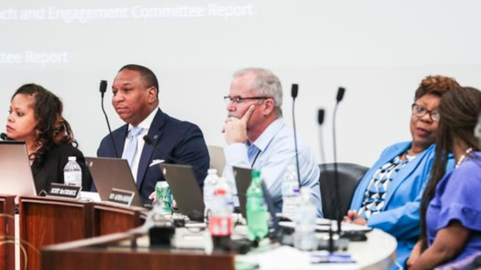 The Shelby County Schools board hired Joris Ray, second from left, as superintendent Tuesday.