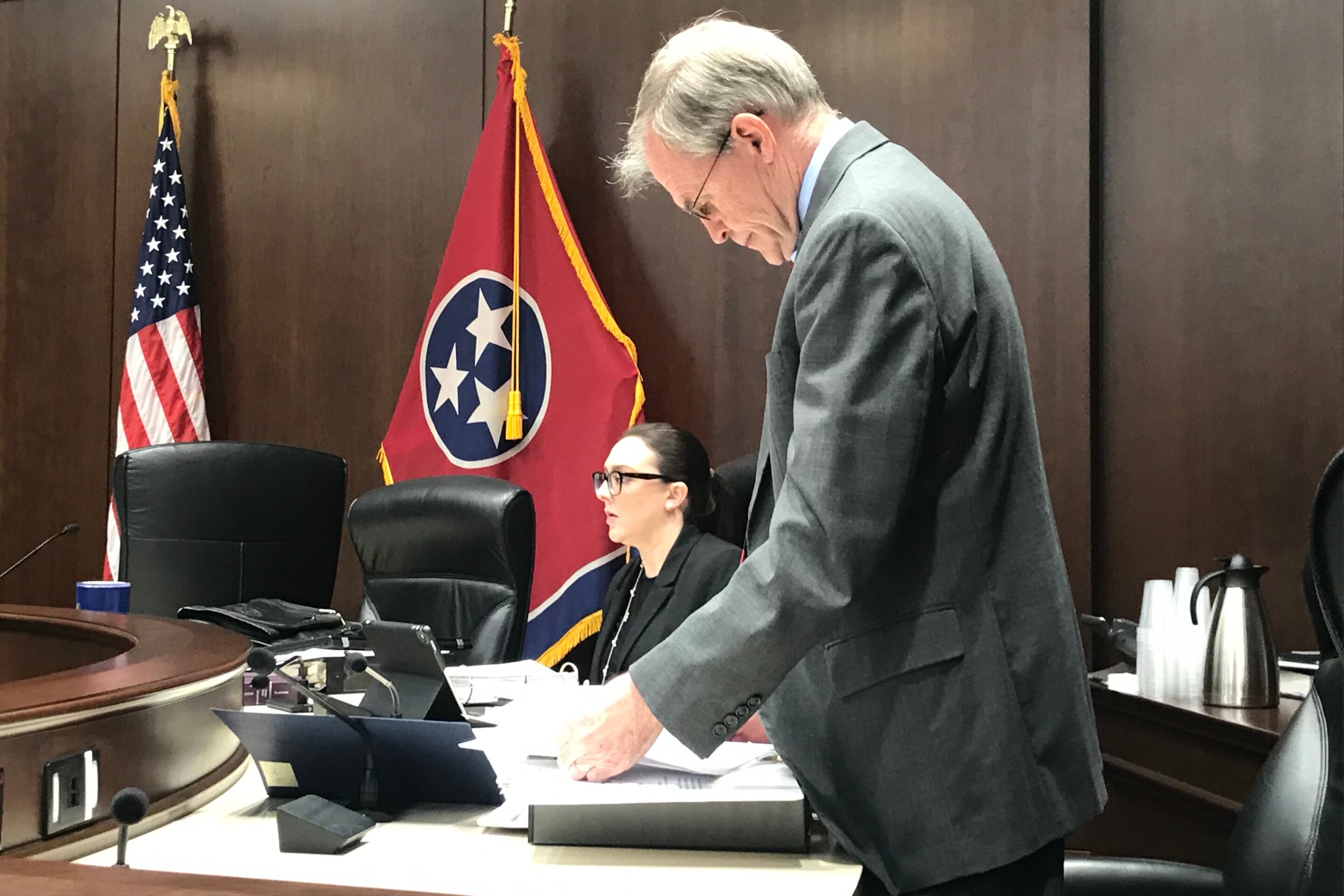 Rep. Bill Dunn prepares to present the governor’s education savings account bill to the House education subcommittee that he serves on.