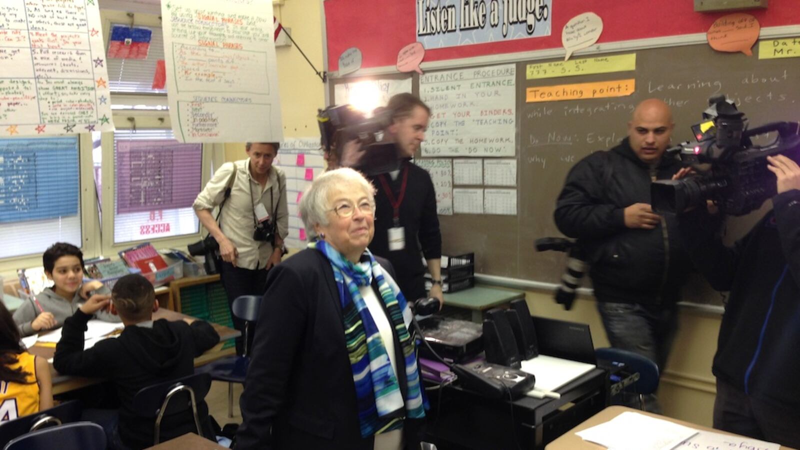 Chancellor Carmen Fariña in April visits I.S. 88, one of the few classroom tours where cameras were invited along with her. Fariña has preferred private meetings with school leaders and staff so far in her tenure.