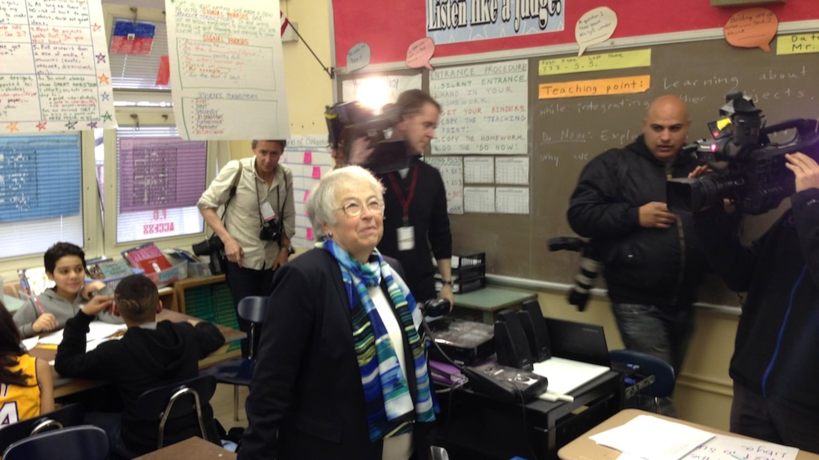 Chancellor Carmen Fariña in April visits I.S. 88, one of the few classroom tours where cameras were invited along with her. Fariña has preferred private meetings with school leaders and staff so far in her tenure.