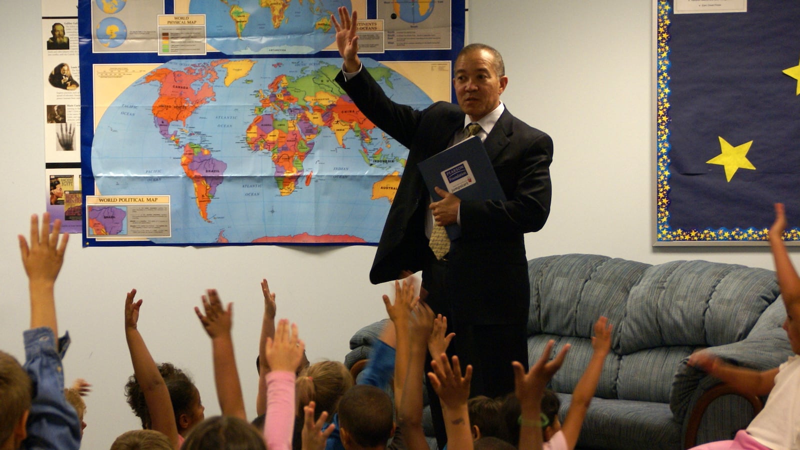 Mike Miles, former superintendent of Harrison schools, visits a classroom in this file photo.