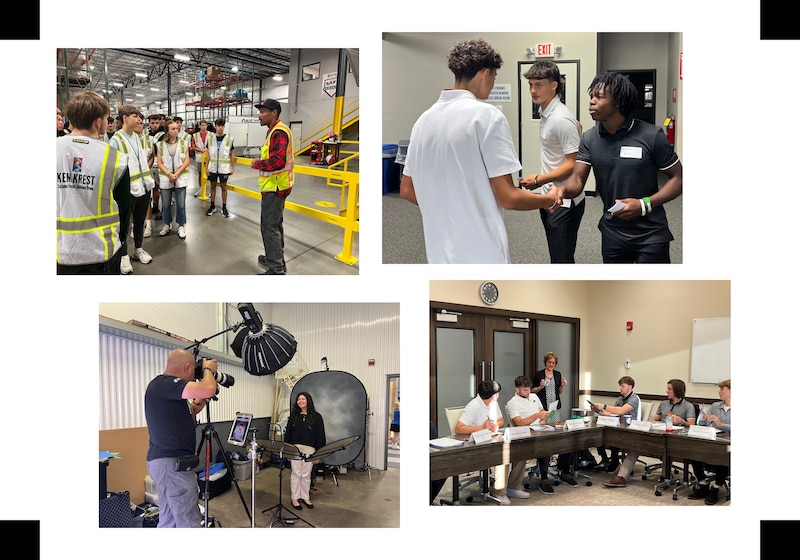 Four images on a white background showing high school students in a warehouse, practicing handshakes, getting a professional portrait and learning inside of a classroom.