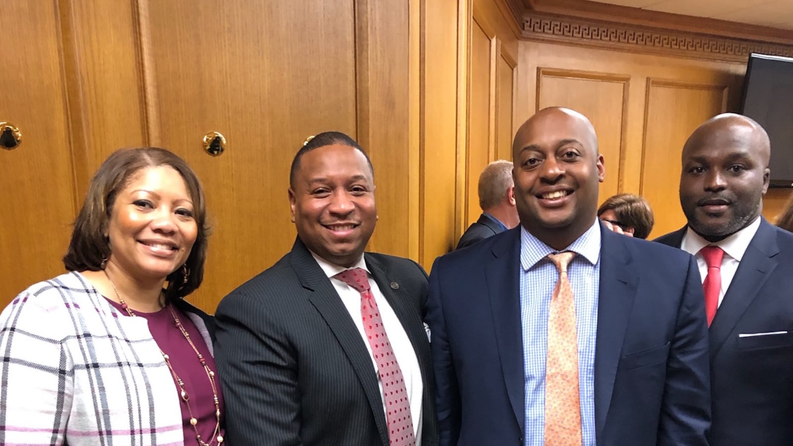 Superintendents or interim directors from four districts attended Tuesday’s meeting with Gov. Bill Lee. From left: Adrienne Battle of Nashville, Joris Ray from Memphis, Eric Jones from Jackson, and Bryan Johnson of Chattanooga (Photo courtesy of Shelby County Schools)
