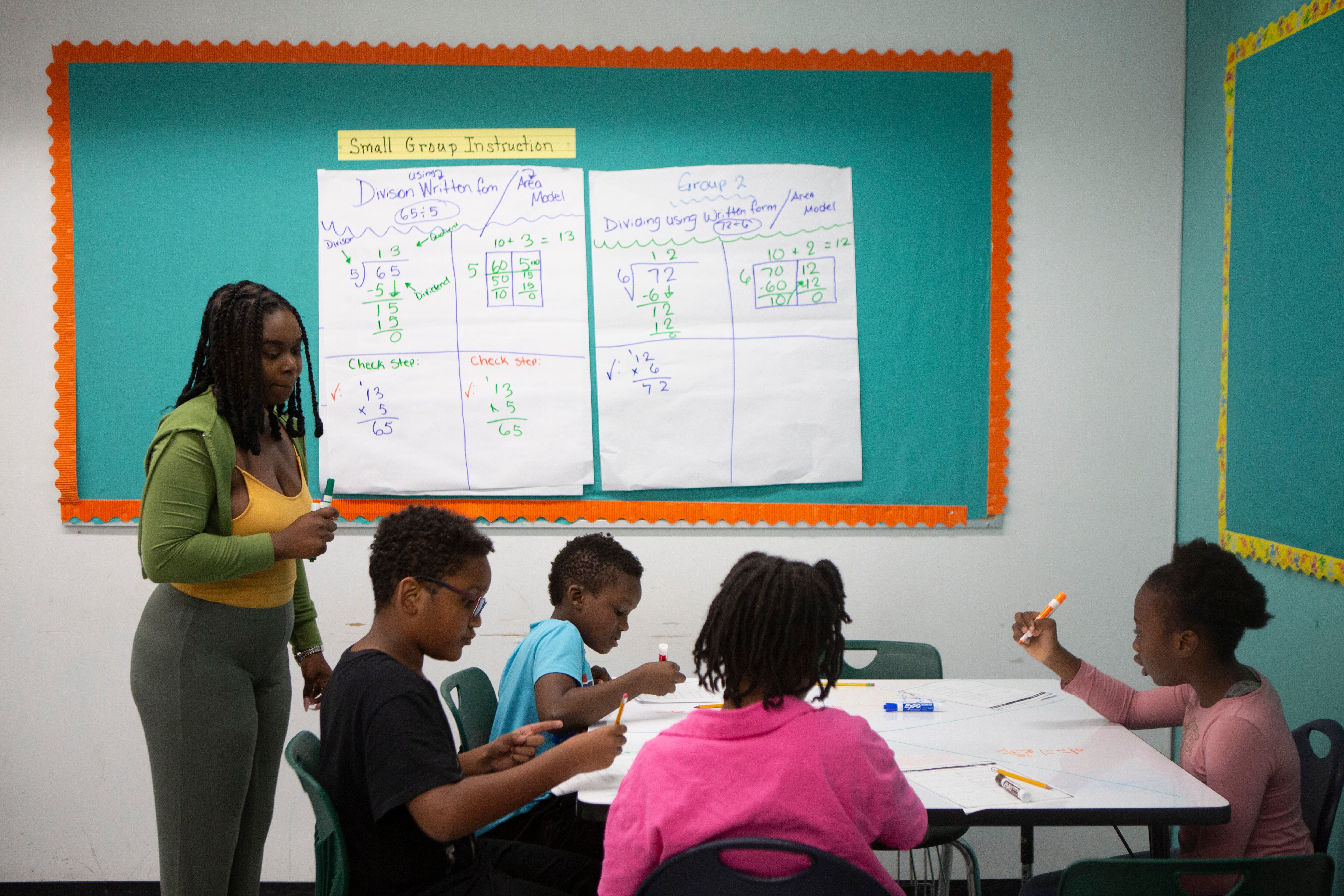 A teacher standing in front of a bulletin board and next to a table with four students seated around it.