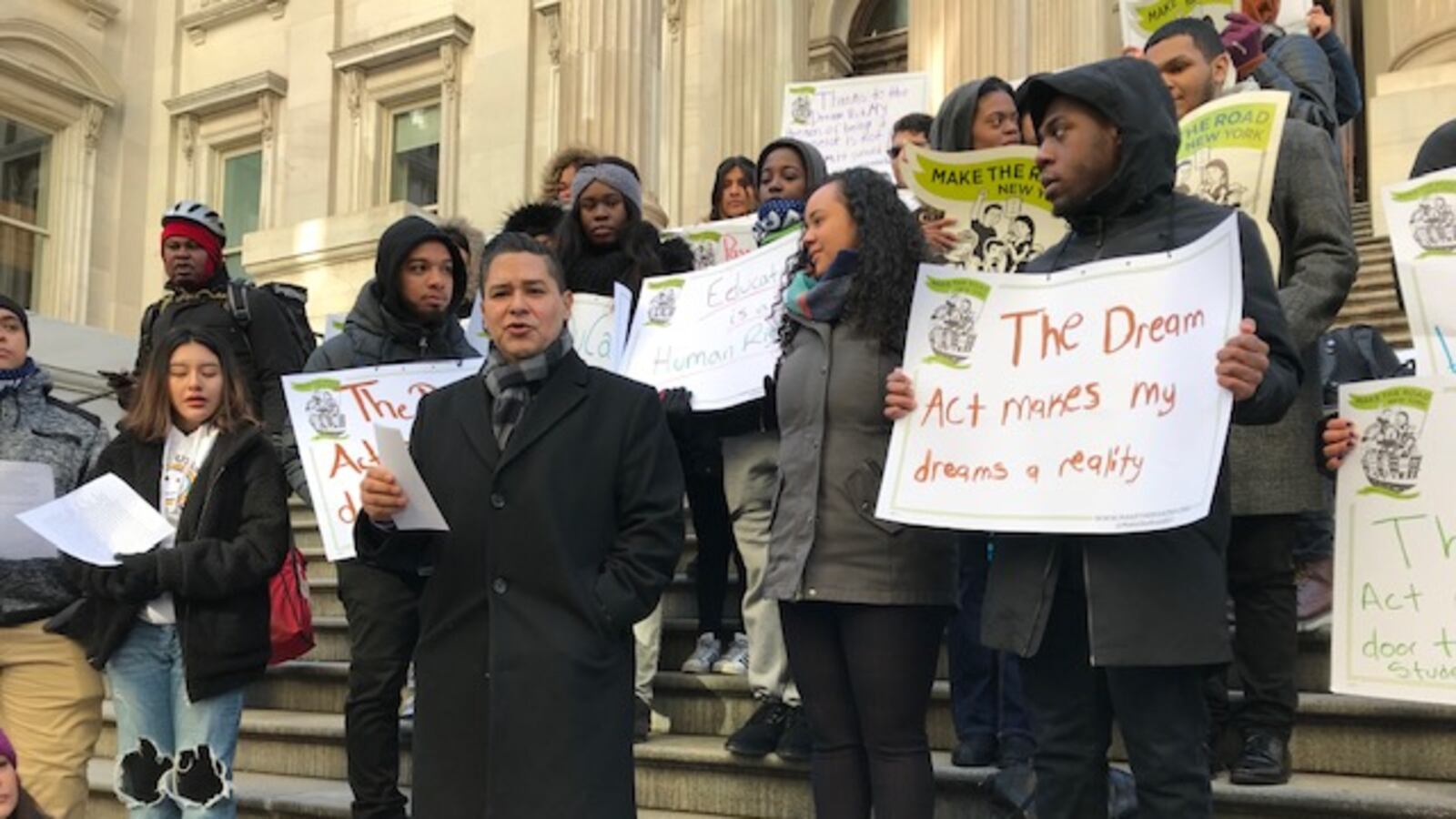 Chancellor Richard Carranza talks during a rally pushing for more awareness around the DREAM Act, held by members of immigration advocacy organization Make The Road New York.