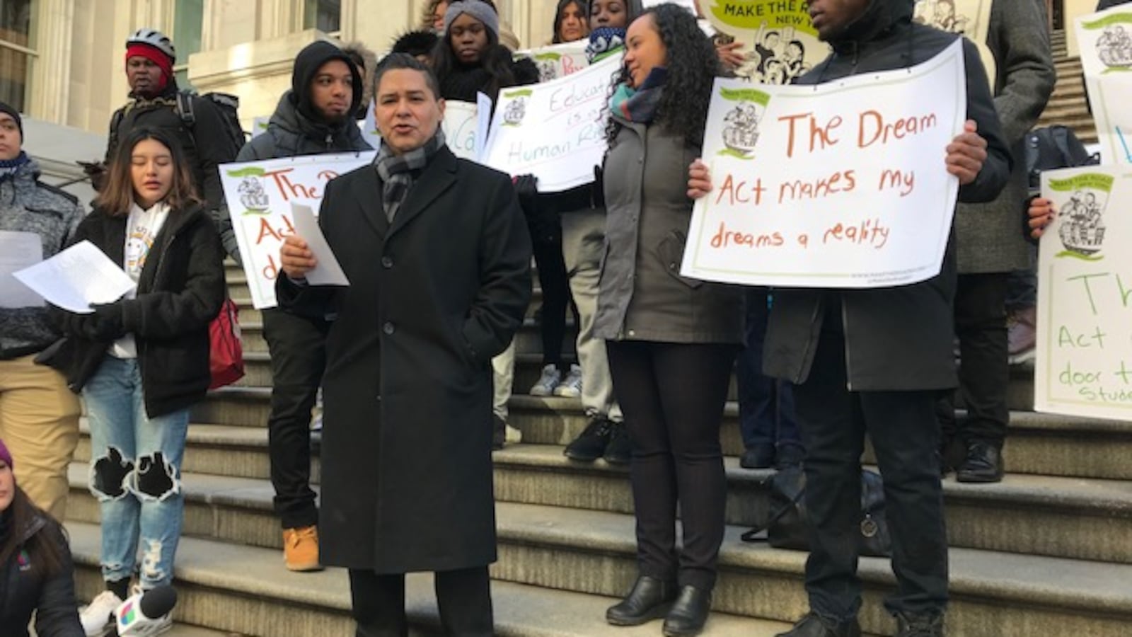 Chancellor Richard Carranza talks during a rally pushing for more awareness around the DREAM Act, held by members of immigration advocacy organization Make The Road New York.