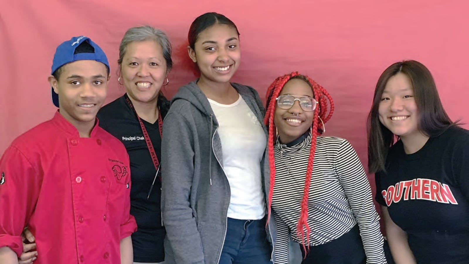 David Jones, Principal Kimlime Chek-Taylor, Amanda Strickland, Kayla Milton, and Christine Wu from South Philadelphia High School.