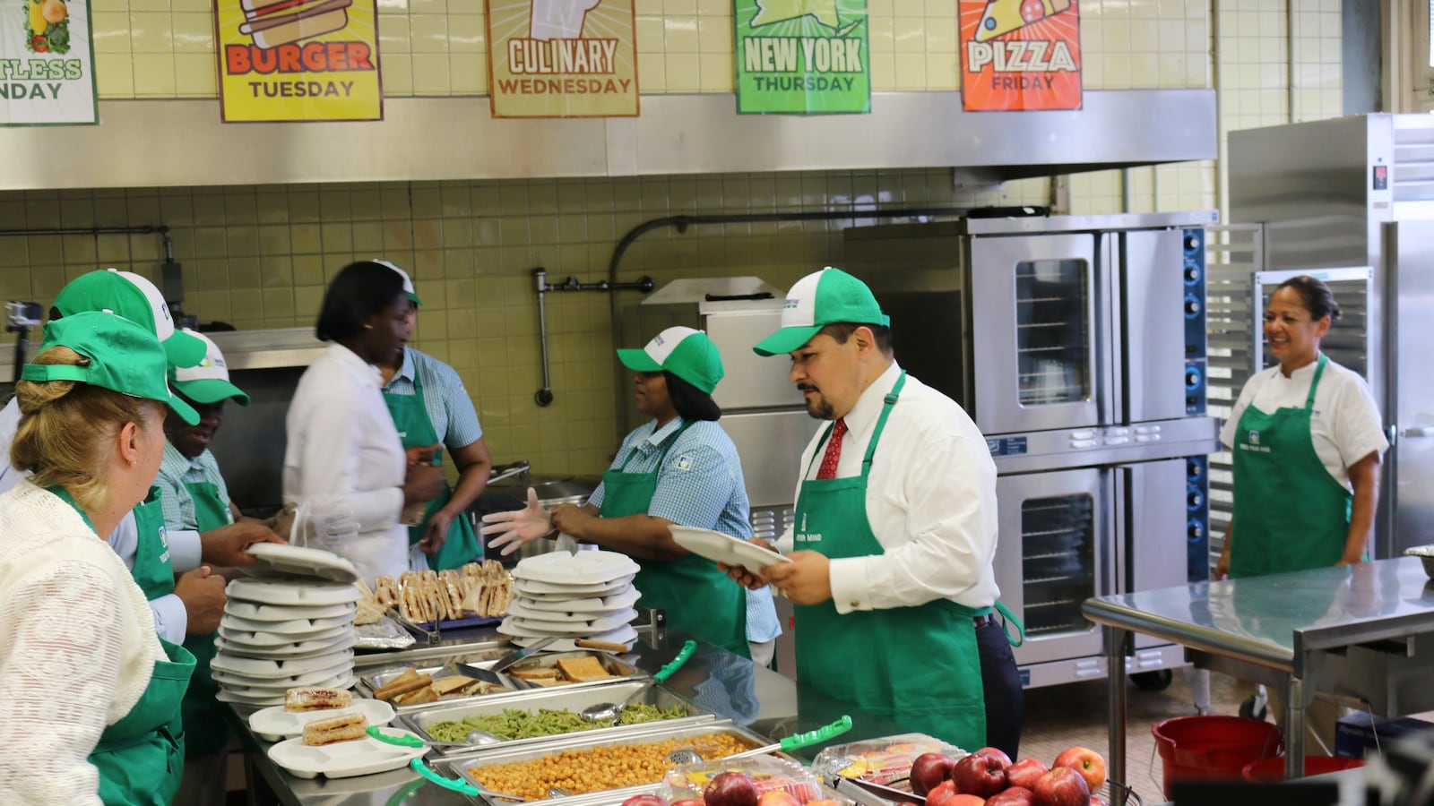 Schools Chancellor Richard Carranza and Manhattan Borough President Gale Brewer served lunch at P.S./I.S. 180 in Harlem on the first day of the 2018-2019 school year. Mayor Bill de Blasio has warned that federal funding for school food could end in April if the government shutdown drags on.