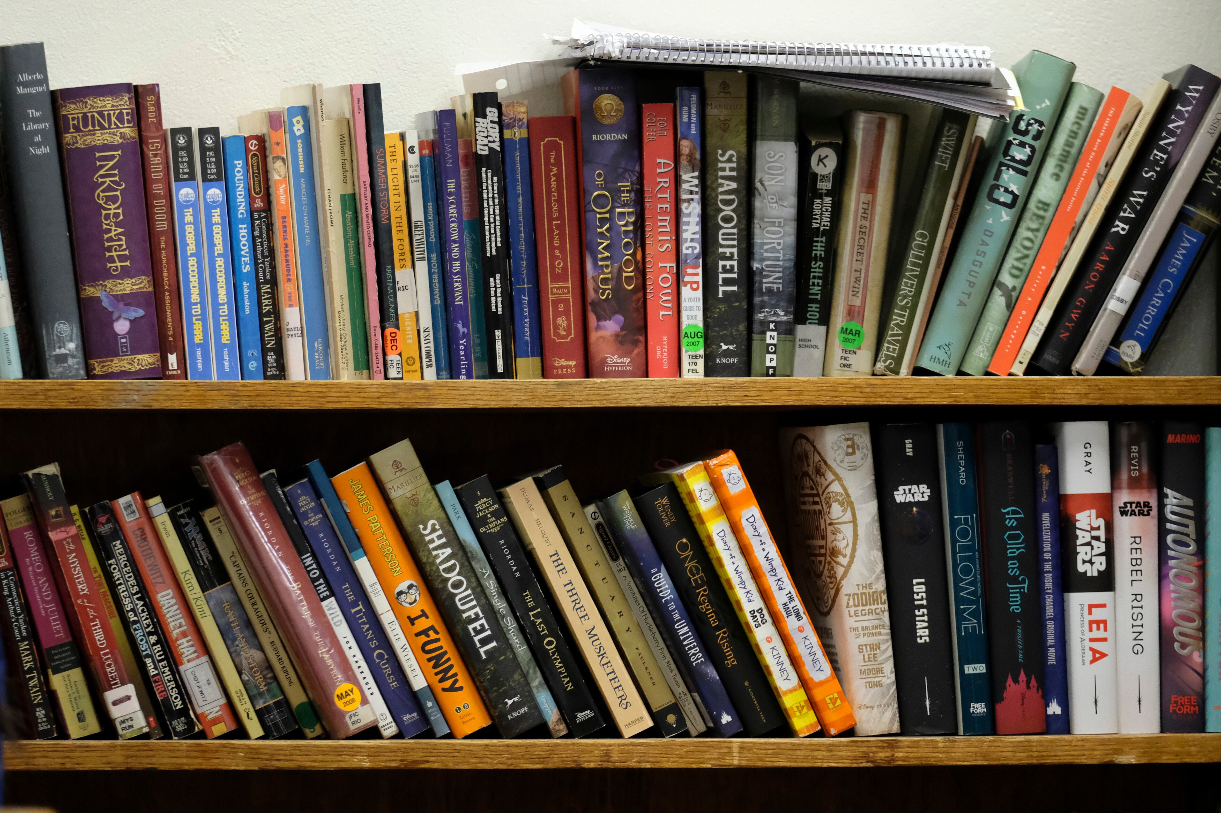 Books on a shelf in a classroom at Crispus Attucks High School, a public school in Indianapolis, Indiana. — April 2019 — Photo by Alan Petersime/Chalkbeat