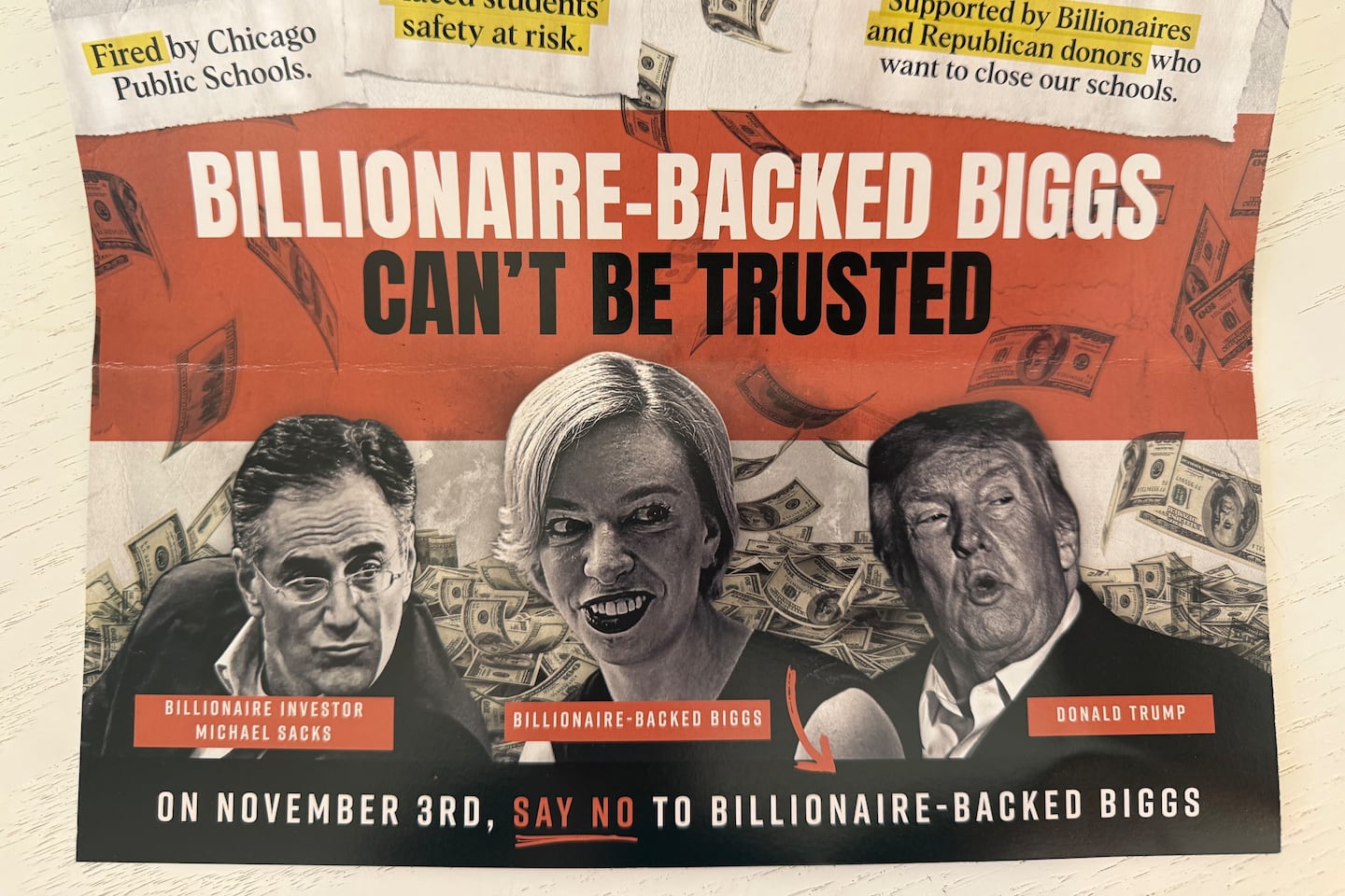 A campaign mailer funded by Our Schools Action features attacks against Jessica Biggs, an elected board member who is running for board president.