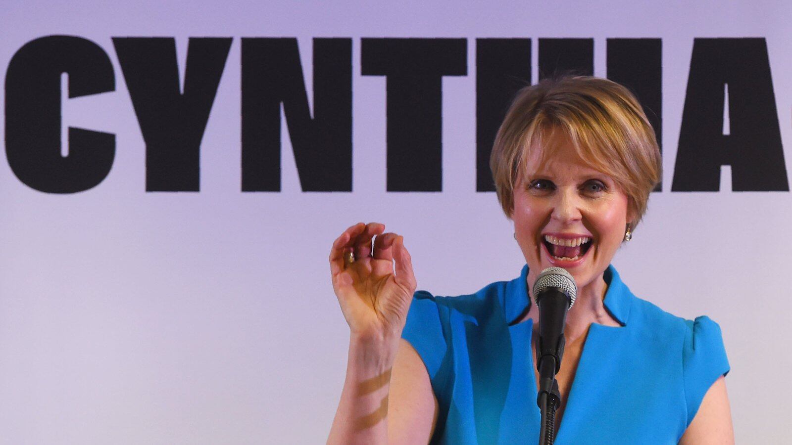 Former Sex and the City star Cynthia Nixon speaks to people at the Bethesda Healing Center in  Brooklyn, New York on March 20, 2018 at her first event since announcing that shes running for governor of New York.