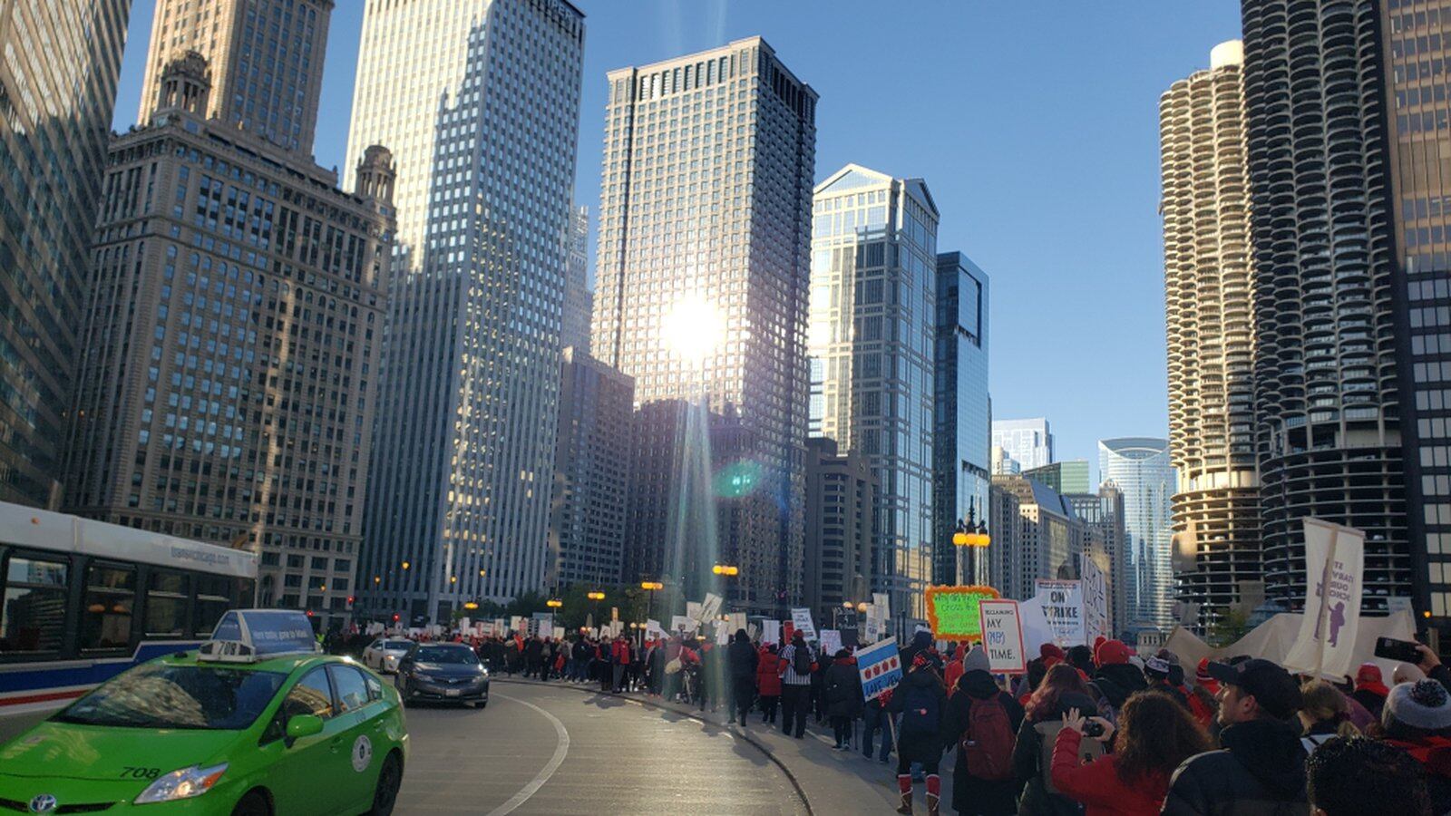 Chicago Teachers Union members lined Wacker Drive in preparation for a march to City Hall and rally on the fifth day of their strike, Oct. 23, 2019.