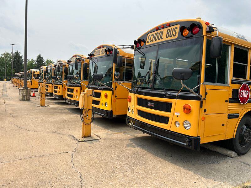 School buses in Perry Township Schools bus yard on July 17, 2023.